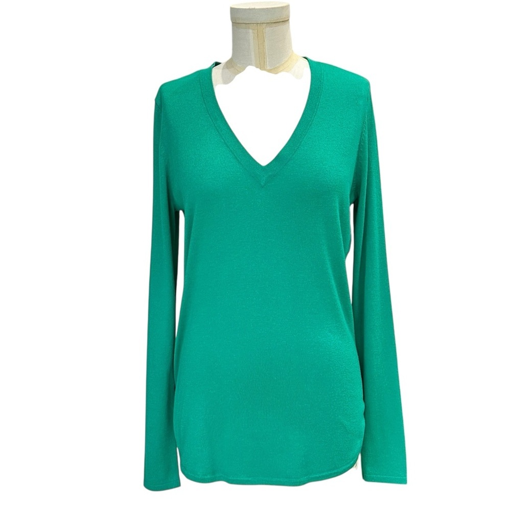 LAUREN RALPH LAUREN Longline Silk Blend V-Neck Sweater Green Knit Top Medium